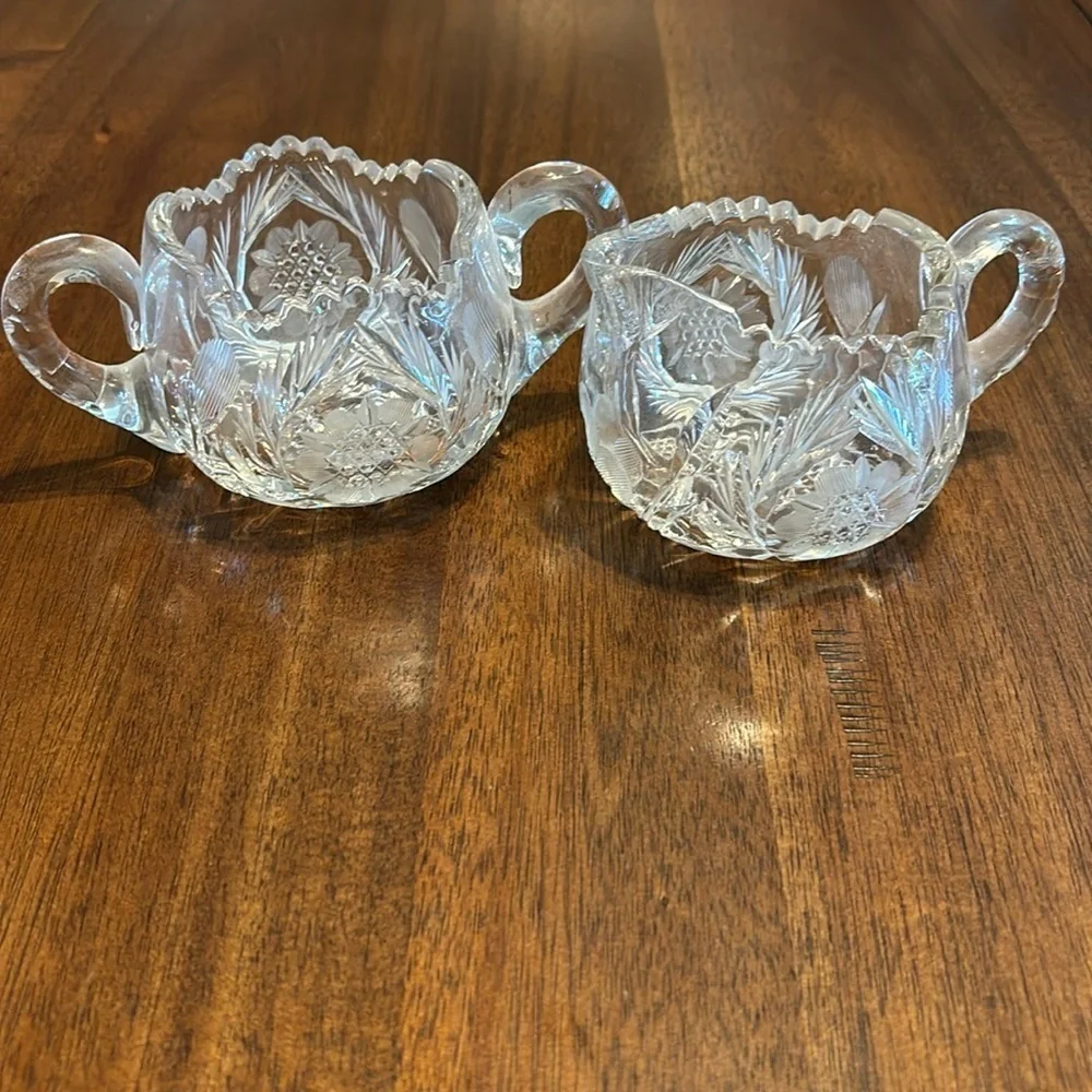 Antique Creamer & Sugar Bowl‎ AB Brilliant Heavy Cut Crystal Saw Tooth Hobstar